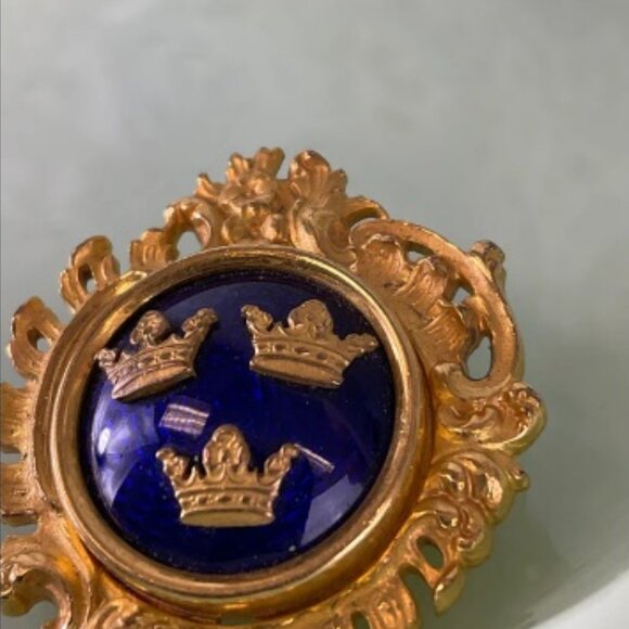 Vintage Sporrong & Co. Stockholm Blue Enamel 3 Crown Gold Brooch Pin Swedish - Picture 11 of 16